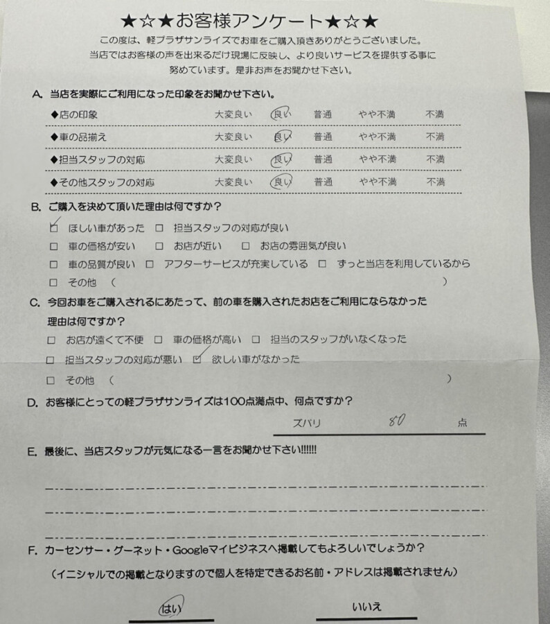 軽プラザ八戸本店　ヴォクシー　お客様アンケート画像