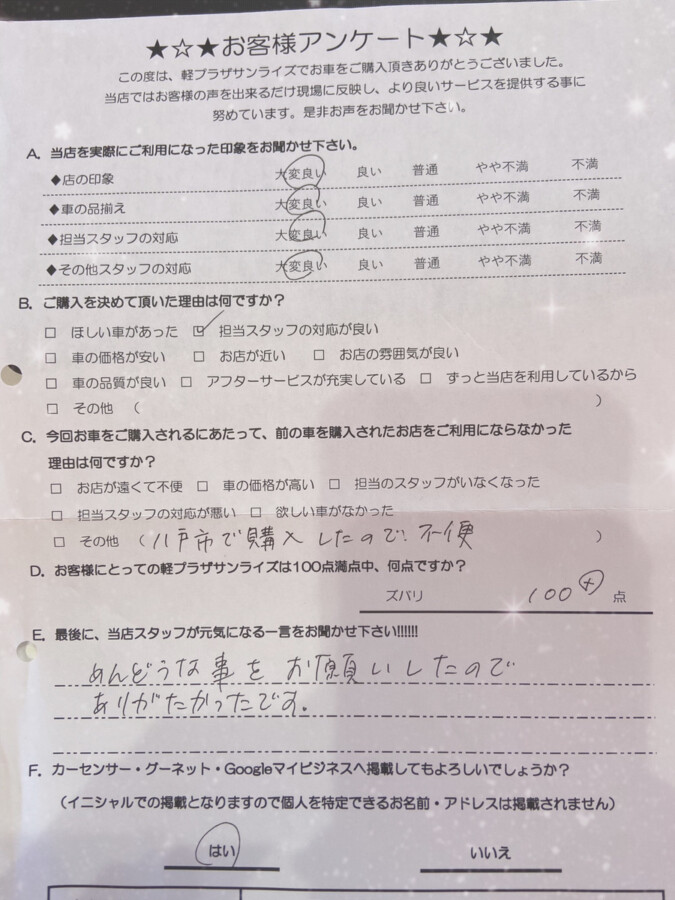 軽プラザ青森本店　NBOX　お客様アンケート画像