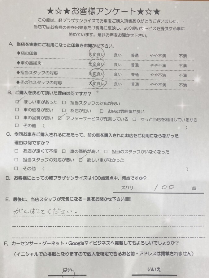 軽プラザ弘前本店　お客様アンケート画像